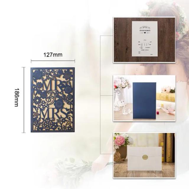 Convites e Envelopes de Casamento: Decoração Elegante em Corte a Laser Dourado e Azul