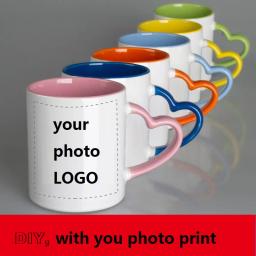 Caneca de cerâmica diy foto coração forma punho dentro cor diferente escolha copo personalizado imagens nome do logotipo texto criativo corte presentes - Image 1