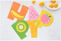 Decoração de festa com tema de frutas, banner com palavras "happy birthday", materiais de decoração de festa de aniversário infantil, bandeirinhas de papel, abacaxi, laranja - Image 4