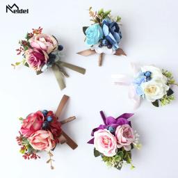 Meldel corsage, pulseira bufante para noivas e damas de honra, bracelete de bebê azul borgonha com flor rosa - Image 2
