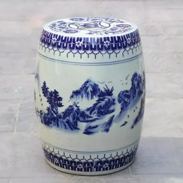 Tamborete de Cerâmica Antiga Azul e Branco para Jardim - Vitrificado e Elegante