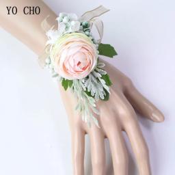 YO CHO Pulso Buquê de Flores De Seda Artificial Rosas do Manguito Pulseiras de Pulso Corsages Casamento Da Dama de honra Branco Rosa Flores do Casamento - Image 5