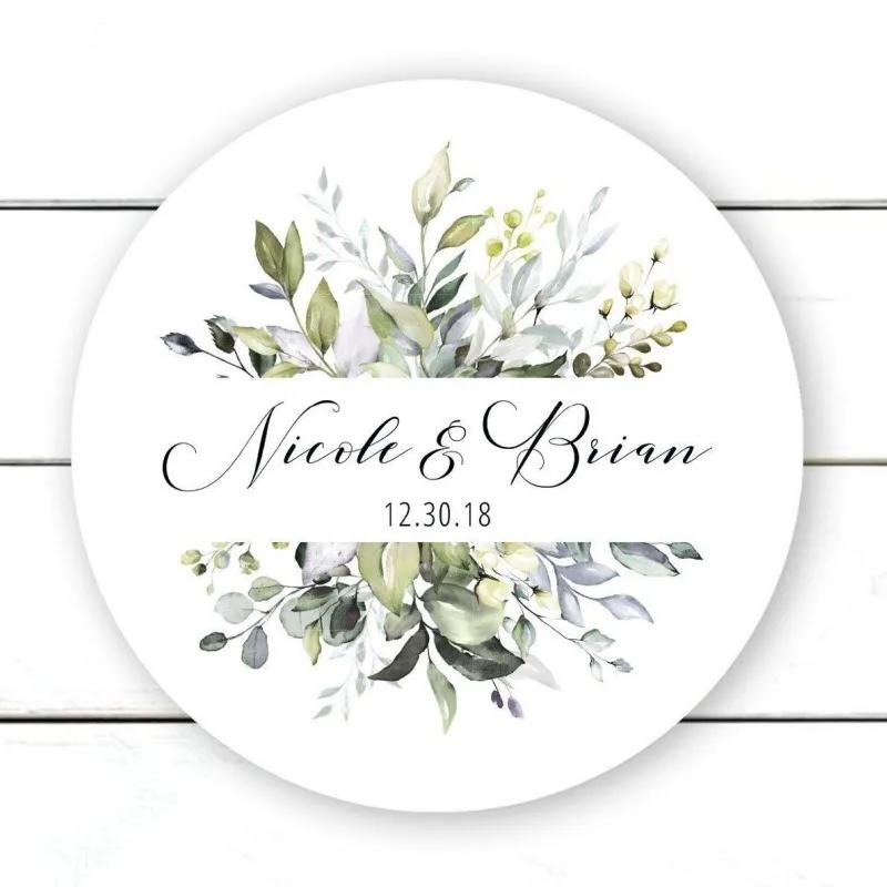 100 unidades, 3-7cm, personalizado, adesivos de casamento, etiquetas de caixas de presente, lembrancinhas de casamento, folhas verdes - Image 1