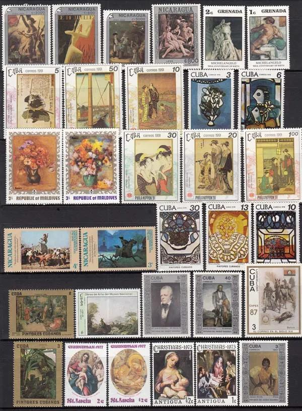 Coleção Exclusiva de 50 Selos Postais Artísticos de Pinturas Famosas de Diversos Países, Cada um Único e Irrepetível