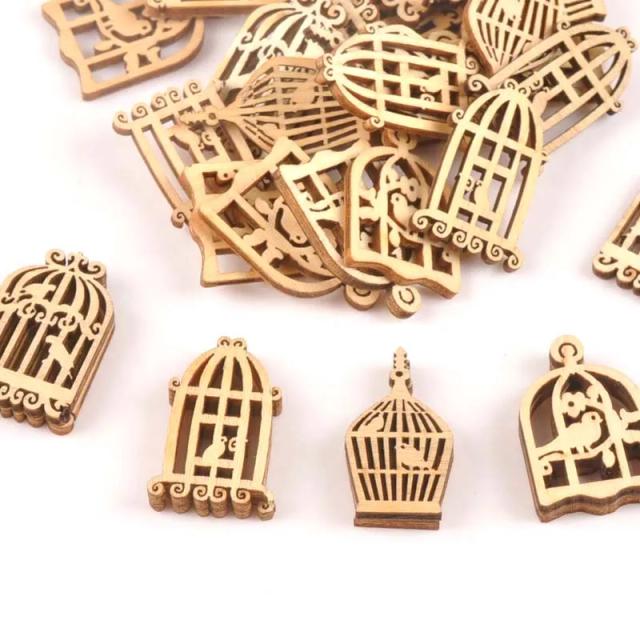 Conjunto de 25 Peças em Madeira com Estampa de Gaiola de Pássaro para Scrapbooking e Decoração Criativa da Casa