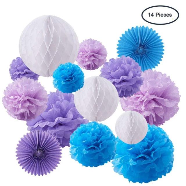 Conjunto de 14 peças de pompons de papel e bolas de colmeia para decoração de festas em roxo e azul, ideal para casamentos e eventos especiais