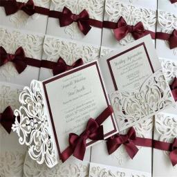 Cartões e convites de casamento com corte a laser, conjunto de 10 peças, três dobras, com detalhes diferentes - Image 5