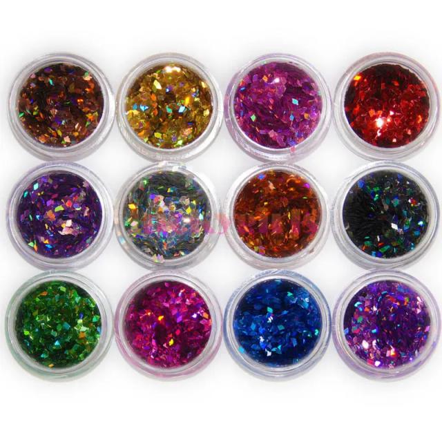 Conjunto de 12 Pós e Lantejoulas Coloridas para Decoração de Unhas em Glitter Acrílico 3D