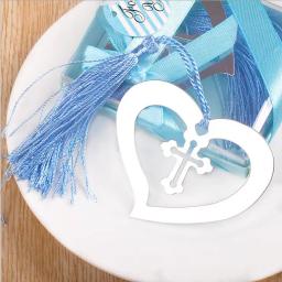 Lembrancinhas de casamento (50 segundos) presentes de aço inoxidável coração cruzado marcador com borla azul chá de bebê produtos para festas (50) - Image 2