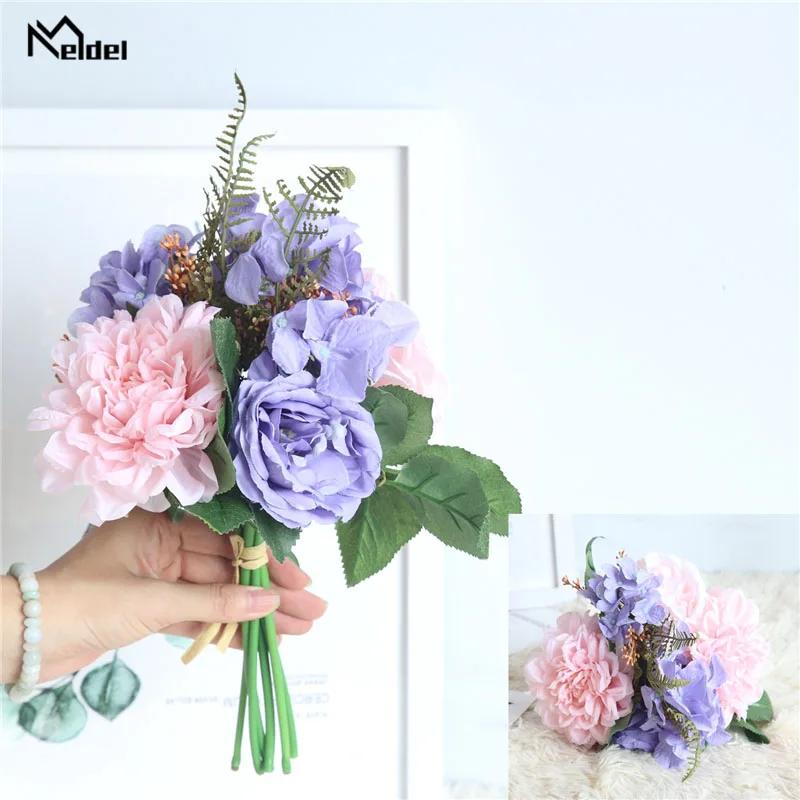 Meldel Casamento Bouquet de Noiva Damas de Honra Bouquets de Casamento Fontes Do Casamento de Seda Rosa Artificial Dália Azul Flores Home Decor - Image 1