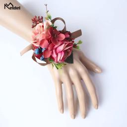 Meldel corsage, pulseira bufante para noivas e damas de honra, bracelete de bebê azul borgonha com flor rosa - Image 6