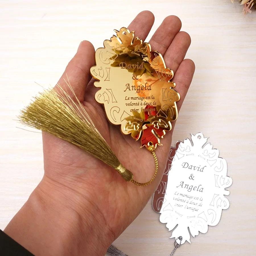 Cartões de convite personalizados, 20 peças, presentes de convidados de casamento, espelho acrílico, design oval, decoração de festa, etiquetas, lembranças, borlas - Image 1