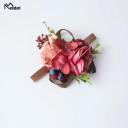 Meldel corsage, pulseira bufante para noivas e damas de honra, bracelete de bebê azul borgonha com flor rosa - Image 5