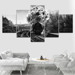 Pintura em tela arte de parede, 5 peças, monocromática, trem de vapor, papéis de parede modular, pôster, estrutura de impressão, decoração de casa - Image 1