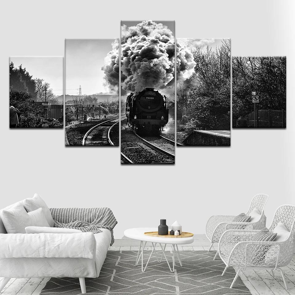 Pintura em tela arte de parede, 5 peças, monocromática, trem de vapor, papéis de parede modular, pôster, estrutura de impressão, decoração de casa - Image 1