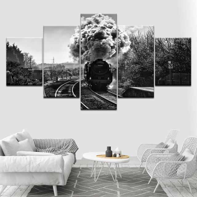 Pintura em Tela Monocromática de Trem de Vapor em 5 Peças para Decoração Modular de Parede