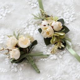 Corsage de pulso masculino para casamento, pulseira de dama de honra, seda flor, rosa vermelha, alfinetes do noivo, boutonniere - Image 5