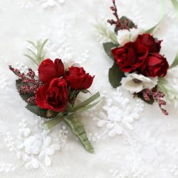 Corsage de pulso masculino para casamento, pulseira de dama de honra, seda flor, rosa vermelha, alfinetes do noivo, boutonniere - Image 4