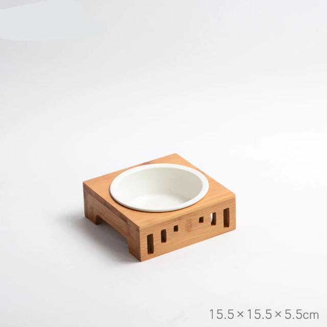 Bacia de Aço Inoxidável com Suporte de Bambu e Alimentador Cerâmico Duplo para Cães e Gatos com Sistema Destacável