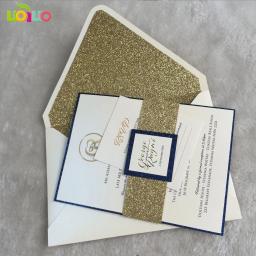 Diy 10 peças cartões de convite de casamento cortados a laser, envelope dourado com glitter, pulseira da barra de glitter, etiqueta de impressão em inserção de glitter - Image 2