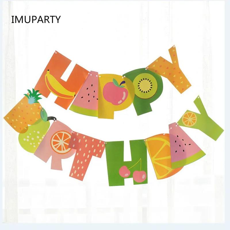 Decoração de festa com tema de frutas, banner com palavras "happy birthday", materiais de decoração de festa de aniversário infantil, bandeirinhas de papel, abacaxi, laranja - Image 1