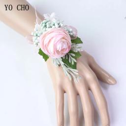 YO CHO Pulso Buquê de Flores De Seda Artificial Rosas do Manguito Pulseiras de Pulso Corsages Casamento Da Dama de honra Branco Rosa Flores do Casamento - Image 3