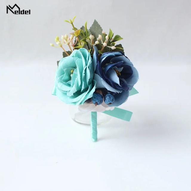 Meldel Corsage e Pulseira Bufante: Bracelete Azul Borgonha com Flor Rosa para Noivas e Damas de Honra
