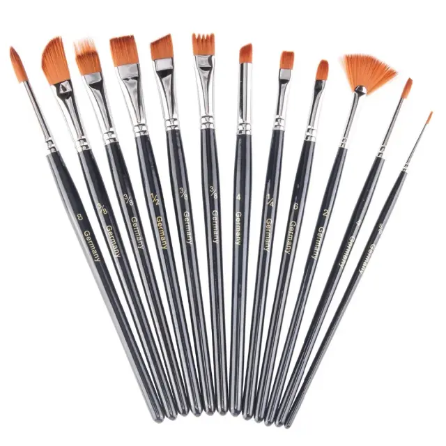 Conjunto de 12 Pincéis Profissionais de Acrílico com Ponta Redonda para Pintura a Óleo e Aquarela