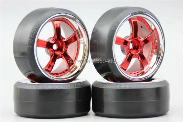Roda de Tração 1/10 Drift com Offset de 4mm, Deslocamento e Esponja de Silenciamento - Conjunto de 4 Peças em Cromo e Pintura Vermelha