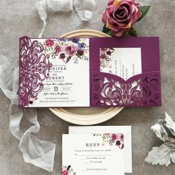 Cartões e convites de casamento com corte a laser, conjunto de 10 peças, três dobras, com detalhes diferentes - Image 4