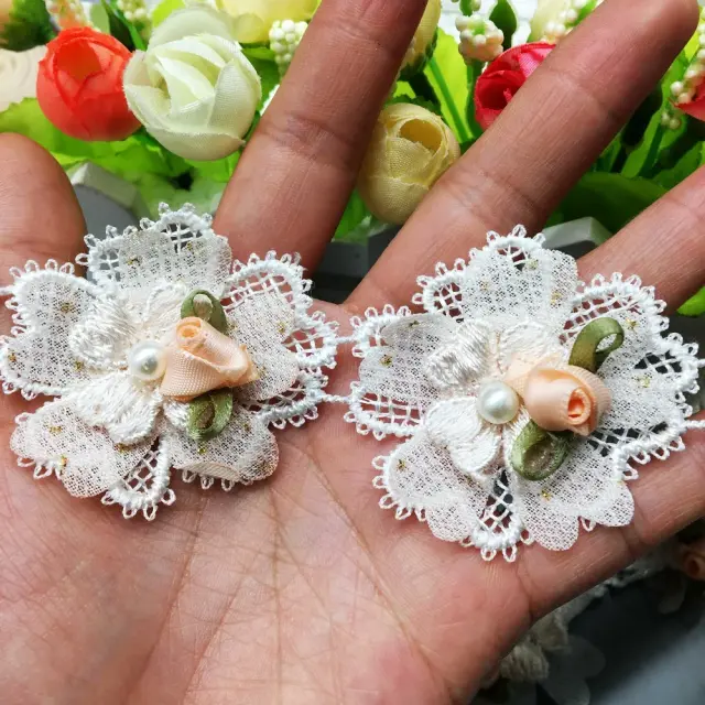 Apliques Florais em Bordado com Pérolas para Vestidos: 10x Guarnições em Tecido Vintage Rosa