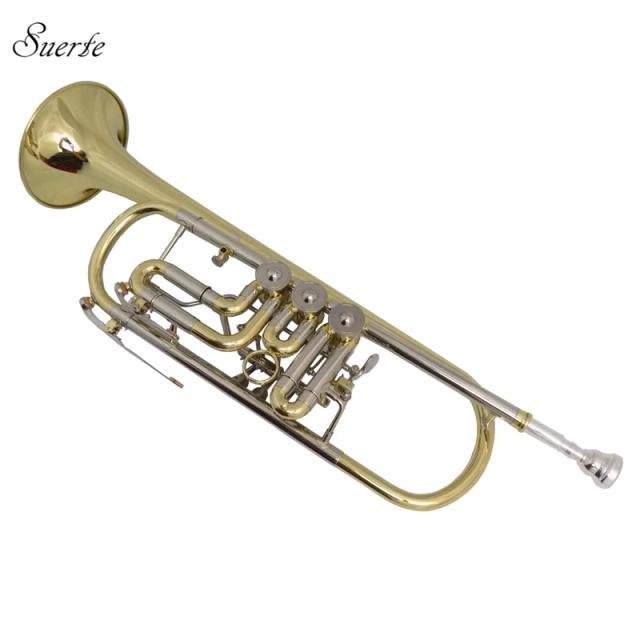 Trompete rotativo de latão prateado com caixa, bocal plano e acabamento em laca de níquel, instrumento musical ideal para músicos em B
