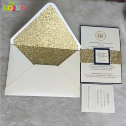 Diy 10 peças cartões de convite de casamento cortados a laser, envelope dourado com glitter, pulseira da barra de glitter, etiqueta de impressão em inserção de glitter - Image 4