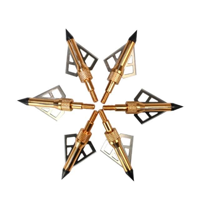 Conjunto de 12 Broadheads de Caça 100 Grãos com 3 Lâminas de Aço Dourado para Arco e Besta