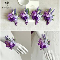 Lovegrace casamento corsages de pulso elástico e boutonniere seda rosa flor lapela homme mariage decoração buquê para prom adereços - Image 1