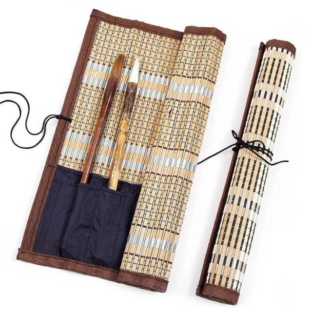 Estojo de Bambu Multifuncional para Caligrafia e Armazenamento de Materiais de Arte