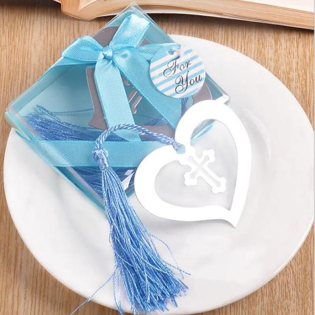 Lembrancinhas de Casamento: Marcadores de Aço Inoxidável em Forma de Coração com Borla Azul para Chá de Bebê e Festas