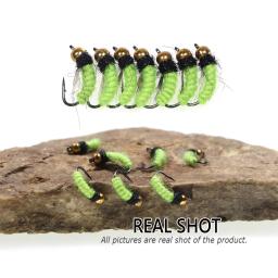 Bimoo 6PCS # 12 fluorescente ninfa scud bug worm mosca uv latão grânulo cabeça moscas molhadas grayling pesca isca de mosca afundando rápido - Image 5