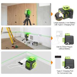 Huepar-3D Cruz Linha Auto-Nivelamento Nível Laser, 12 Linhas, Green Beam Li-ion Battery, Type-C Porta de Carregamento, Hard Carry Case - Image 3