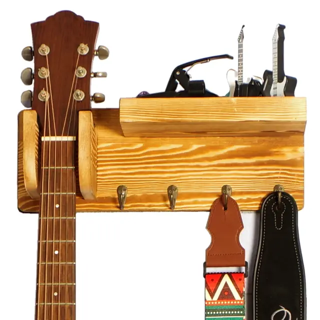 Suporte de Madeira Batesmusic para Guitarra com Acessórios e Prateleira de Armazenamento com 4 Ganchos