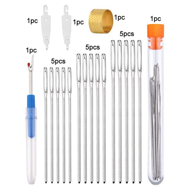 Conjunto Completo de Costura com 15 Peças: Agulhas de Olhos Grandes, Ripper, Dedal e Enfiador para Bordado Manual e Projetos de Tricô DIY