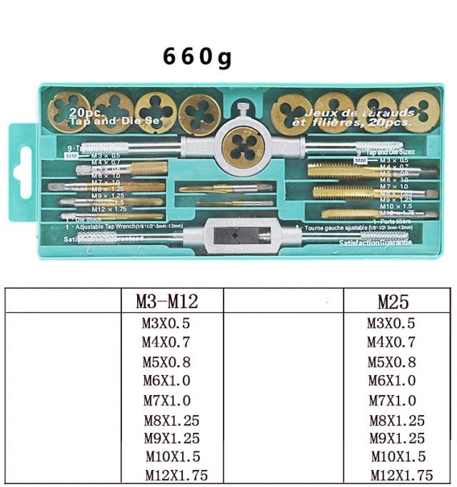 Conjunto de Ferramentas Manuais com 20 Peças: Torneiras Galvanizadas, Plugues de Fios, Parafusos de Aço Carbono e Titânio, e Liga de Alta Velocidade de 1/16'' a 1/2''
