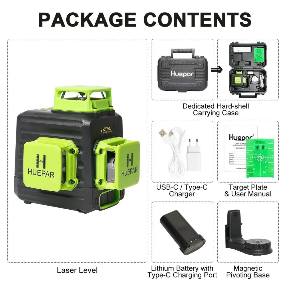 Huepar-3D Cruz Linha Auto-Nivelamento Nível Laser, 12 Linhas, Green Beam Li-ion Battery, Type-C Porta de Carregamento, Hard Carry Case - Image 1