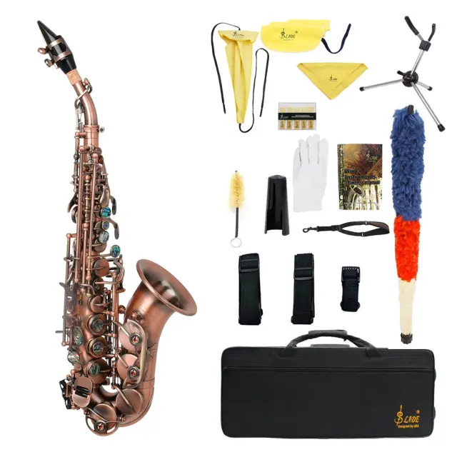Saxofone Soprano Vermelho Antigo com Estojo Completo e Acessórios de Manutenção