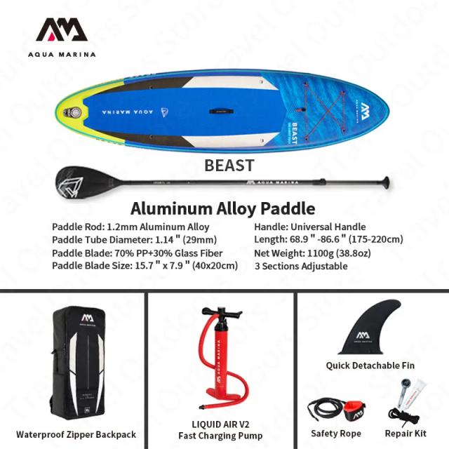 Prancha de SUP Inflável Aqua Marina Beast de 320cm com Remos e Corda de Segurança - Leve e Antiderrapante em EVA