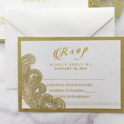 Cartões da resposta do convite do casamento dos pces para o corte elegante do laser do casamento cobre cartões rsvp do laço do ouro com os envelopes 50 do retorno - Image 1