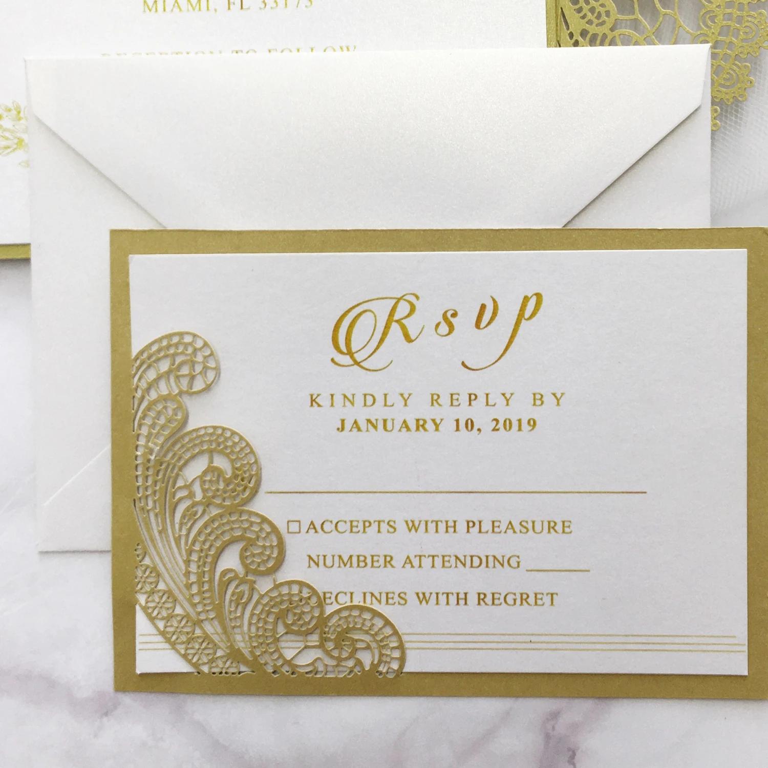 Cartões da resposta do convite do casamento dos pces para o corte elegante do laser do casamento cobre cartões rsvp do laço do ouro com os envelopes 50 do retorno - Image 1
