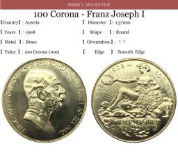 Moeda Comemorativa de Latão de Ouro da Áustria e do 60 ° Aniversário, Alemanha e Áustria, Corona 1848 1908, Josué I - Image 3