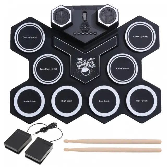 Conjunto de Tambor Eletrônico MIDI Bluetooth com 8 Almofadas de Silicone e Alto-Falantes Internos com Bateria de Lítio Embutida