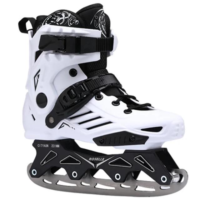 Patins de Gelo em Linha para Superfície Interna e ao Ar Livre - Velocidade e Estilo em Branco e Preto